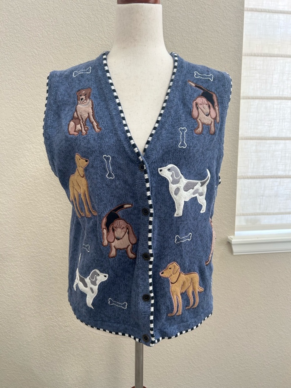 Christopher&Banks L Dog Embroidered Blue Button-Up Vest - Pet-Themed Knit
